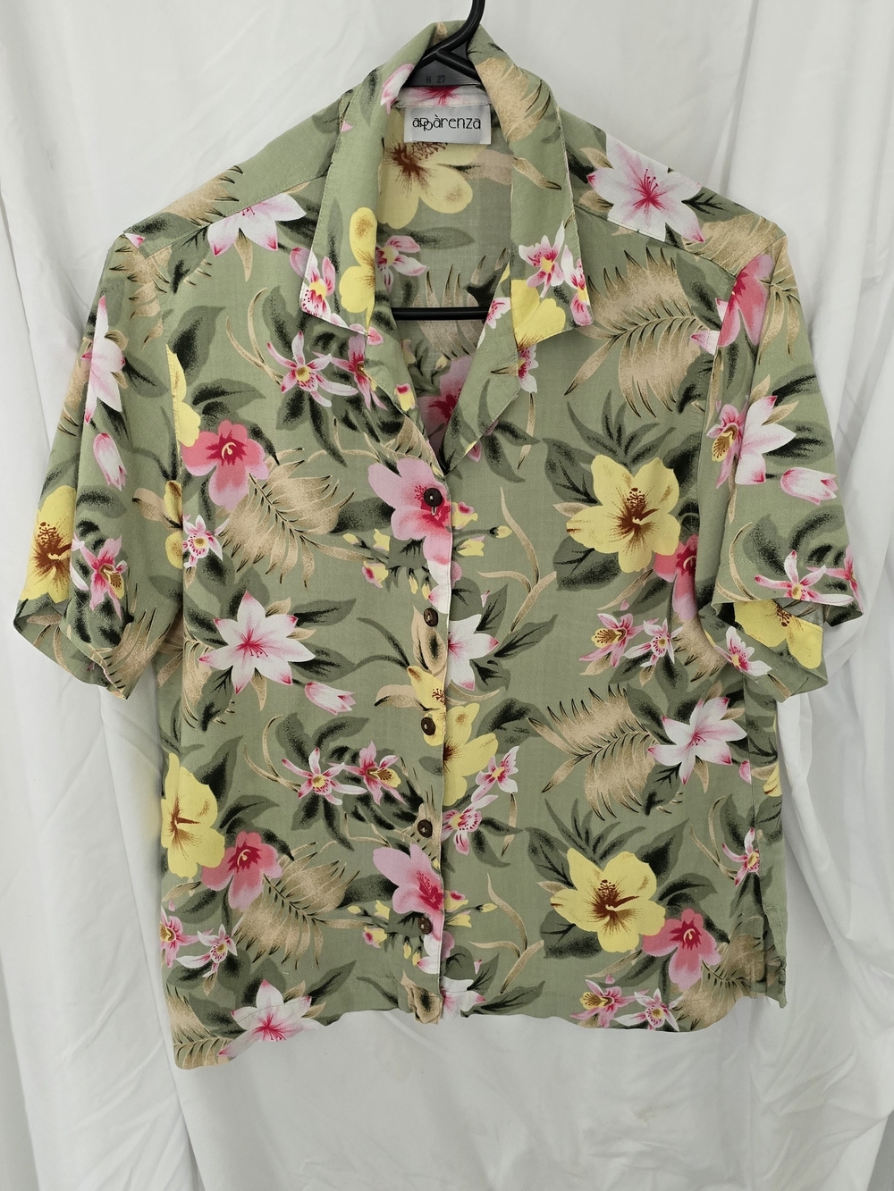 Apparenza Sage Green Floral Button-Up Blouse with Yellow & Pink Accents